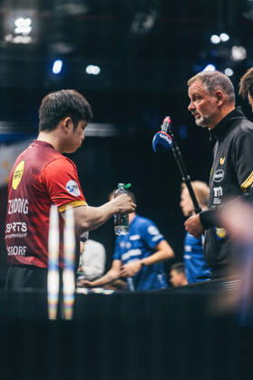 August 29, 2026, Table Tennis, Men s, TTBL, Bundesliga, Cup, Nuremberg, Grand Opening, Round of 16, Quarterfinals, Fan Zhendong, Borussia Düsseldorf, and Coach Danny Heister, Nuremberg, Bavaria, Germany P1194373-2