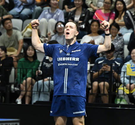 German Table Tennis Cup Grand Opening with Iulian Chirita of TTF Liebherr Ochsenhausen; photo by ms1859; NUREMBERG, GERMANY, AUGUST 29, 2026 Iulian Chirita of TTF Liebherr Ochsenhausen (photo ms1859) in action at the Table Tennis Bundesliga Cup Grand Opening for the 2026–2027 season at the Kia Metropol Arena in Nuremberg, Nuremberg Kia Metropol Arena, Bavaria, Germany