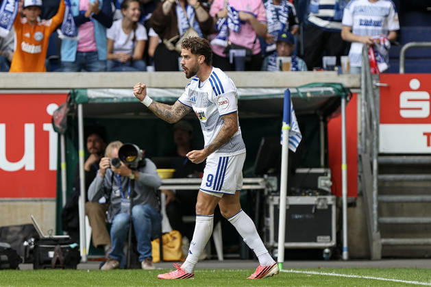 August 29, 2026, GER, Soccer, Men s, 3rd Division, 2026–2027 Season, MSV Duisburg vs. FC Würzburger Kickers, Lex Tyger Lobinger, Duisburg goal celebration, celebrating after scoring the 1–0 goal, Duisburg Schauinsland Arena, North Rhine-Westphalia, Germany Copyright: xAdrianxSchlüterx
