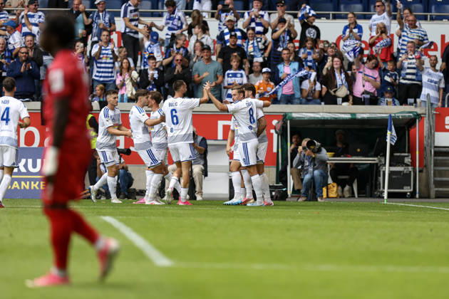 August 29, 2026, GER, Soccer, Men s, 3rd Division, 2026–2027 Season, MSV Duisburg vs. FC Würzburger Kickers, Lex Tyger Lobinger, Duisburg goal celebration, celebrating with his team after scoring the 1–0 goal, Duisburg Schauinsland Arena, North Rhine-Westphalia, Germany Copyright: xAdrianxSchlüterx