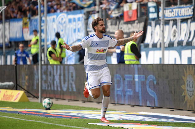 August 29, 2026, GER, Soccer, Men s, 3rd Division, 2026–2027 Season, MSV Duisburg vs. FC Würzburger Kickers, Lex Tyger Lobinger, Duisburg, goal celebration, celebrating after scoring the 2–0 goal, Duisburg, Schauinsland, Reisen Arena, North Rhine-Westphalia, Germany Copyright: xAdrianxSchlüterx