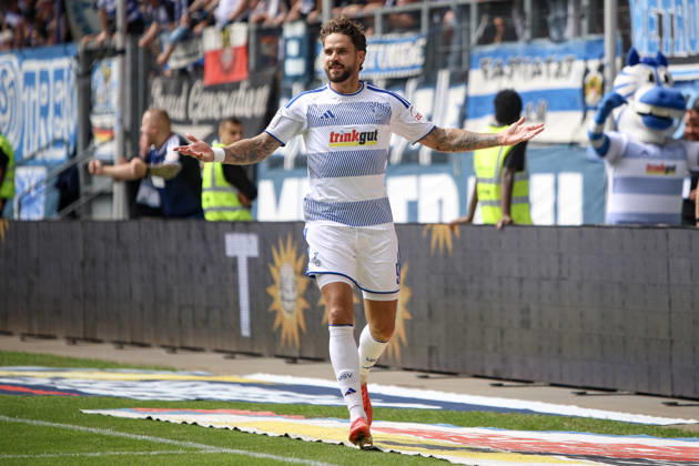 August 29, 2026, GER, Soccer, Men s, 3rd Division, 2026–2027 Season, MSV Duisburg vs. FC Würzburger Kickers, Lex Tyger Lobinger, Duisburg, goal celebration, celebrating after scoring the 2–0 goal, Duisburg, Schauinsland, Reisen Arena, North Rhine-Westphalia, Germany Copyright: xAdrianxSchlüterx