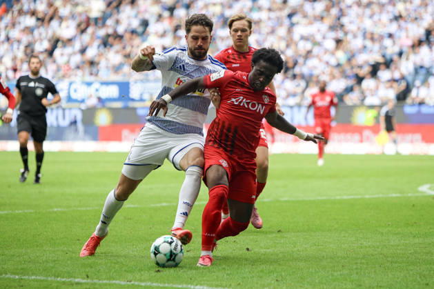 August 29, 2026, GER, Soccer, Men s, 3rd Division, 2026–2027 Season, MSV Duisburg vs. FC Würzburger Kickers, m9 and Pedro Muteba, Würzburg battling for the ball; Duisburg, Schauinsland, Arena, North Rhine-Westphalia, Germany Copyright: xAdrianxSchlüterx