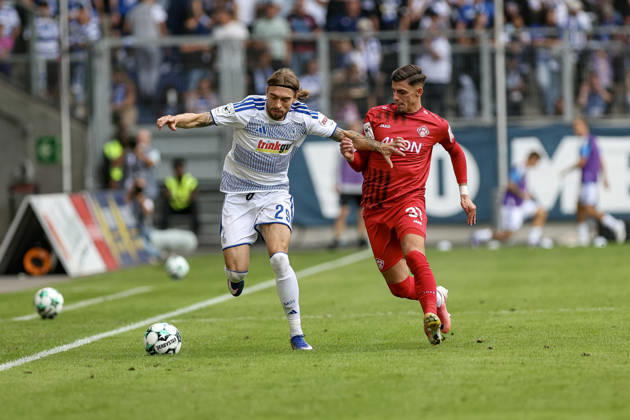 August 29, 2026, GER, Soccer, Men s, 3rd Division, 2026–2027 Season, MSV Duisburg vs. FC Würzburger Kickers: Joshua Bitter (Duisburg) and Ivan Franjic (Würzburg) battle for the ball; Duisburg, Schauinsland, Arena, North Rhine-Westphalia, Germany Copyright: xAdrianxSchlüterx