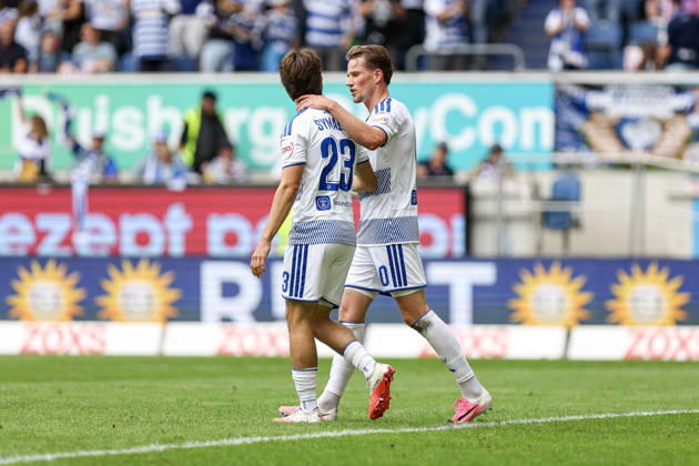 August 29, 2026, GER, Soccer, Men s, 3rd Division, 2026–2027 Season, MSV Duisburg vs. FC Würzburger Kickers, Christian Viet, Duisburg, goal celebration—celebrating his goal to make it 3–0 with Jan Simon Symalla, Duisburg, Schauinsland Arena, North Rhine-Westphalia, Germany Copyright: xAdrianxSchlüterx