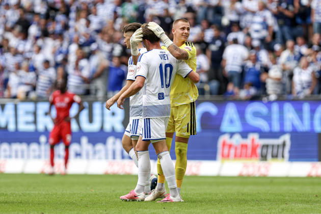 August 29, 2026, GER, Soccer, Men s, 3rd Division, 2026–2027 Season, MSV Duisburg vs. FC Würzburger Kickers, Christian Viet (Duisburg) celebrates his goal to make it 3–0, Maximilian Braune (Duisburg), Duisburg Schauinsland Arena, North Rhine-Westphalia, Germany Copyright: xAdrianxSchlüterx