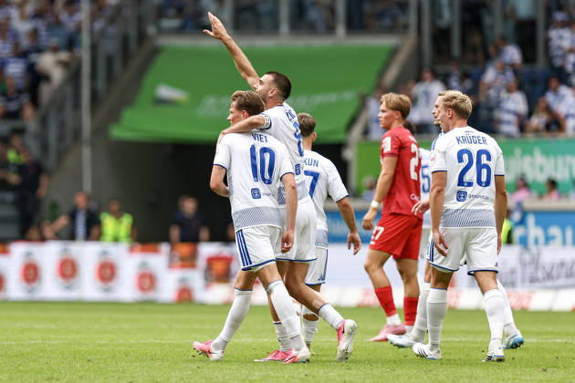 August 29, 2026, GER, Soccer, Men s, 3rd Division, 2026–2027 Season, MSV Duisburg vs. Würzburger Kickers, Christian Viet, Duisburg, goal celebration—celebrating his goal to make it 3–0 with Rasim Bulic, Duisburg, Schauinsland Arena, North Rhine-Westphalia, Germany Copyright: xAdrianxSchlüterx