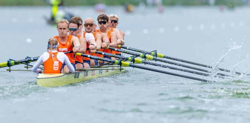 AMSTERDAM - Finn Florijn, Jan van der Bij, Jorn Salverda, Mick Makker, Sander de Graaf, Pieter van Veen, Ralf Rienks, Wibout Rustenburg, coxswain Jonna de Vries during the heats for the men s eight on the sixth day of the World Rowing Championships at the Bosbaan in the Amsterdam Forest. IRIS VAN DEN BROEK ANP xVIxANPxSportx xxANPxIVx 566505019 originalFilename: 566505019