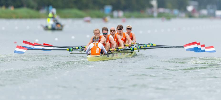 AMSTERDAM - Finn Florijn, Jan van der Bij, Jorn Salverda, Mick Makker, Sander de Graaf, Pieter van Veen, Ralf Rienks, Wibout Rustenburg, coxswain Jonna de Vries during the heats for the men s eight on the sixth day of the World Rowing Championships at the Bosbaan in the Amsterdam Forest. IRIS VAN DEN BROEK ANP xVIxANPxSportx xxANPxIVx 566505193 originalFilename: 566505193