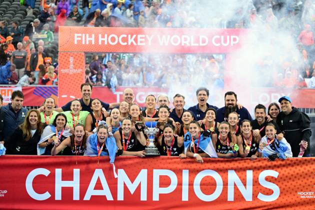 RECORD DATE NOT STATED Argentina s player, winner of the gold medal celebrates on the podium of the podium ceremony at the women s 2026 Hockey World Cup, on Saturday 29 August 2026 in Amsterdam, The Netherlands. The 2026 edition of the Hockey World Cup takes place in Belgium and The Netherlands from August 15 to August 30. The Red Panthers have won their first World Cup medal since 1978. DIRKxWAEM x184668286x