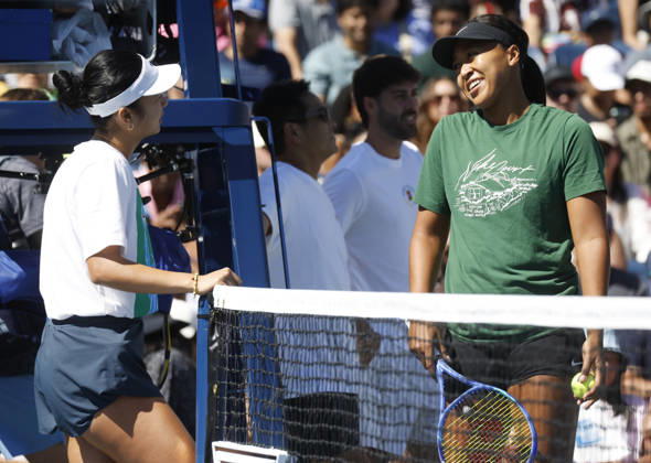 Alexandra Eala of the Philippines practices on The Grandstand Court with Naomi Osaka of Japan at the 2026 US Open Tennis Championship at the USTA Billie Jean King National Tennis Center in New York City on Saturday, August 29, 2026.  NYP20260829103 JOHNxANGELILLO