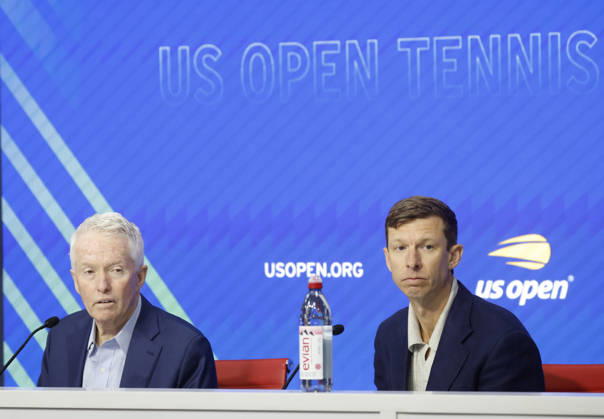 US Open Tournament Director Eric Butorac and USTA CEO Craig Tiley speak at a press conference, PK, Pressekonferenz at the 2026 US Open Tennis Championship at the USTA Billie Jean King National Tennis Center in New York City on Saturday, August 29, 2026.  NYP20260829109 JOHNxANGELILLO