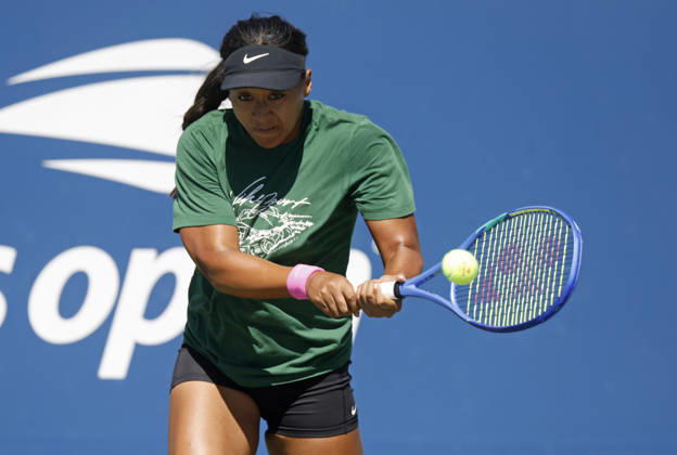 Naomi Osaka of Japan practices with Alexandra Eala of the Philippines on The Grandstand Court at the 2026 US Open Tennis Championship at the USTA Billie Jean King National Tennis Center in New York City on Saturday, August 29, 2026.  NYP20260829130 JOHNxANGELILLO
