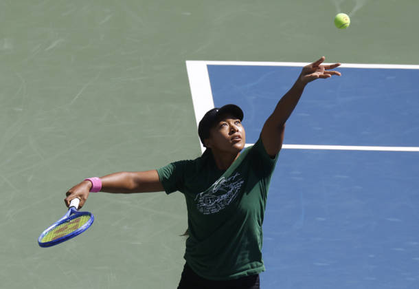 Naomi Osaka of Japan practices with Alexandra Eala of the Philippines on The Grandstand Court at the 2026 US Open Tennis Championship at the USTA Billie Jean King National Tennis Center in New York City on Saturday, August 29, 2026.  NYP20260829131 JOHNxANGELILLO