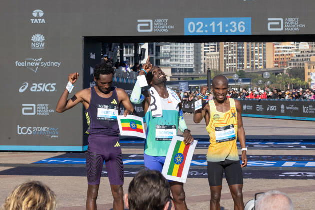 2026 SYDNEY MARATHON, L-R Silver medalist Chimdessa Debele, Gold medalist Addis Gobena and Bronze winner Tebello Ramakongoana after the 2026 Sydney Marathon in Sydney, Sunday, August 30, 2026. ( NO ARCHIVING, EDITORIAL USE ONLY SYDNEY NEW SOUTH WALES AUSTRALIA  Copyright: xNADIRxKINANIx 20260830125862739500