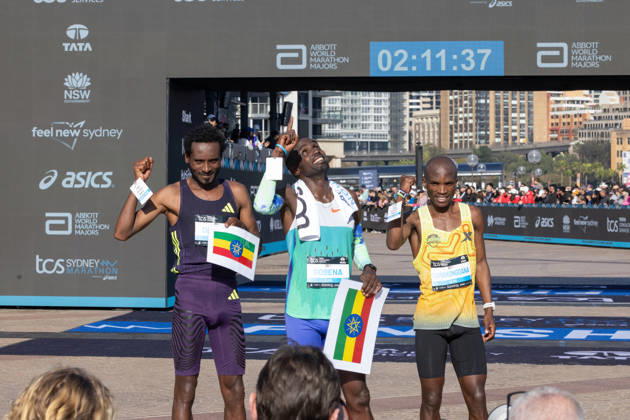 2026 SYDNEY MARATHON, L-R Silver medalist Chimdessa Debele, Gold medalist Addis Gobena and Bronze winner Tebello Ramakongoana after the 2026 Sydney Marathon in Sydney, Sunday, August 30, 2026. ( NO ARCHIVING, EDITORIAL USE ONLY SYDNEY NEW SOUTH WALES AUSTRALIA  Copyright: xNADIRxKINANIx 20260830142213059545