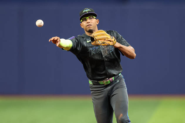 August 29, 2026, St. Petersburg, Florida, USA: Tampa Bay Rays second baseman RICHIE PALACIOS (1) throws to first base for an out. The Tampa Bay Rays hosted the San Diego Padres at Tropicana Field in St. Petersburg, FL. St. Petersburg USA - ZUMAm299 20260829_znp_m299_051 Copyright: xTaylorxMcFeex