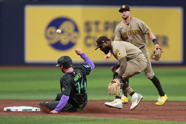 August 29, 2026, St. Petersburg, Florida, USA: Tampa Bay Rays catcher LIAM HICKS (34) slides into second base against the San Diego Padres. The Tampa Bay Rays hosted the San Diego Padres at Tropicana Field in St. Petersburg, FL. St. Petersburg USA - ZUMAm299 20260829_znp_m299_042 Copyright: xTaylorxMcFeex