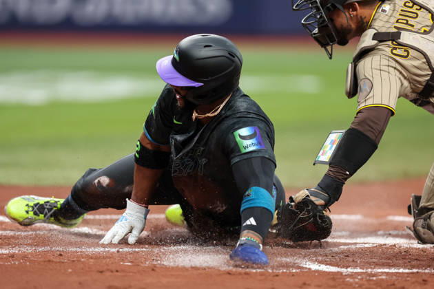 August 29, 2026, St. Petersburg, Florida, USA: Tampa Bay Rays designated hitter YANDY DoÂAZ (2) slides into home plate to score a run against the San Diego Padres. The Tampa Bay Rays hosted the San Diego Padres at Tropicana Field in St. Petersburg, FL. St. Petersburg USA - ZUMAm299 20260829_znp_m299_036 Copyright: xTaylorxMcFeex