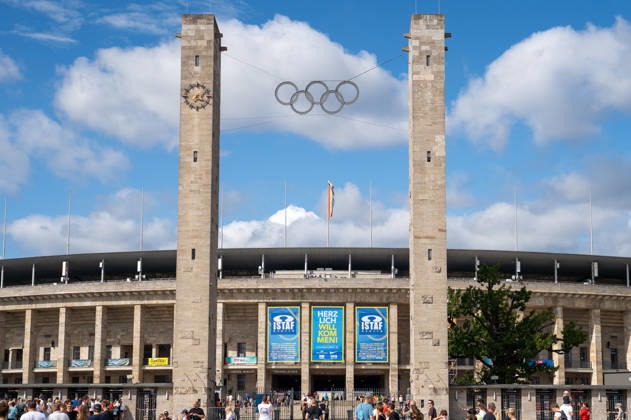 German Track and Field, Track and Field Meet, ISTAF 2026 Sports Festival on August 30, 2026, at the Berlin Olympic Stadium View of the Berlin Olympic Stadium with its distinctive towers and the Olympic rings ahead of the ISTAF track and field meet in Berlin Copyright: xSvenxHeidmannx