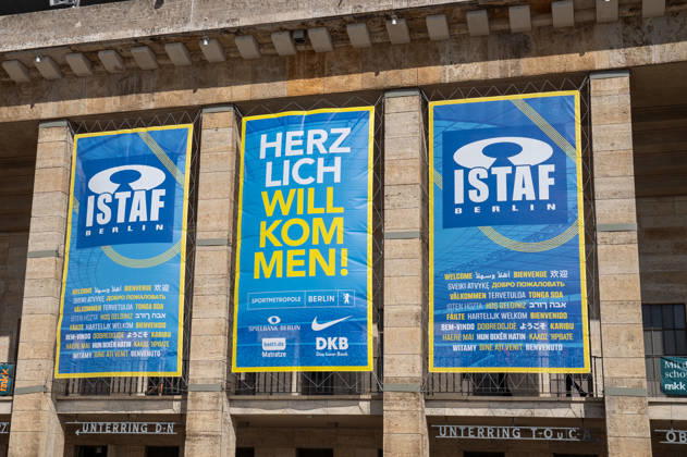 German Athletics, Track and Field Meeting, ISTAF 2026 Sports Festival on August 30, 2026, at the Berlin Olympic Stadium. ISTAF banner with the words Welcome on the facade of the Berlin Olympic Stadium ahead of the ISTAF Berlin international track and field meeting. Copyright: xSvenxHeidmannx