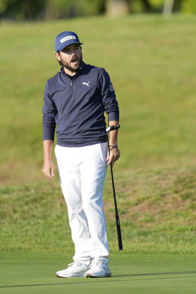 SUTTON COLDFIELD, ENGLAND - AUG 30: Angel Hidalgo (ESP) reacts after a missed eagle putt on the seventeenth green during the delayed Round 3 at the 2026 Husqvarna British Masters at The Belfry, Sutton Coalfield on August 30, 2026 in Warwickshire, England The 2026 Husqvarna British Masters