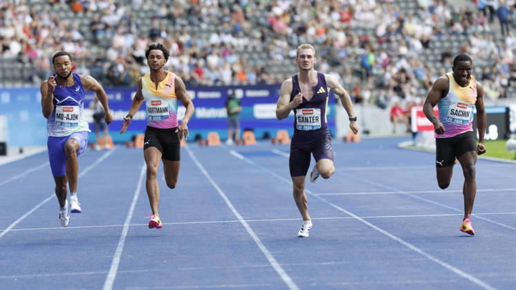 BERLIN, GERMANY - AUGUST 30, 2026: Men’s 100m, Xavi MO-AJOK (NED Netherlands), Joshua HARTMANN (GER Germany), Robin GANTER (GER Germany), Dennis SACHIN (JAM Jamaica) competing during the ISTAF at Olympic Stadium on August 30, 2026 in Berlin, Germany. Germany Copyright: xAxelxKohringx