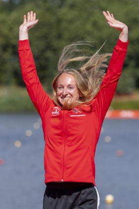 ICF Canoe Sprint and Paracanoe World Championships ,Frederikke Hauge Moercke at the medal ceremony during the 2026 ICF World Championships in Canoe Sprint and Para-canoe in PoznaÅ , Poland, on 30 August 2026. Poznan Poland Copyright: xAndrzejxIwanczukx originalFilename:iwanczuk-icfcanoe260830_npVad