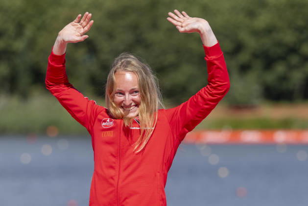ICF Canoe Sprint and Paracanoe World Championships ,Frederikke Hauge Moercke at the medal ceremony during the 2026 ICF World Championships in Canoe Sprint and Para-canoe in PoznaÅ , Poland, on 30 August 2026. Poznan Poland Copyright: xAndrzejxIwanczukx originalFilename:iwanczuk-icfcanoe260830_npMme