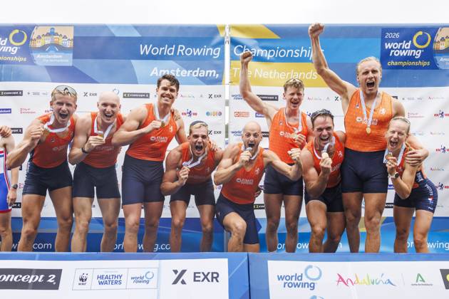 AMSTERDAM - Ralf Rienks, Finn Florijn, Wibout Rustenburg, Jorn Salverda, Sander de Graaf, Pieter van Veen, Jan van der Bij, Mick Makker and Jonna de Vries with the gold medals for the men s eight on the seventh day of the World Rowing Championships at the Bosbaan in the Amsterdam Forest. IRIS VAN DEN BROEK ANP xVIxANPxSportx xxANPxIVx 566594284 originalFilename: 566594284.jpg