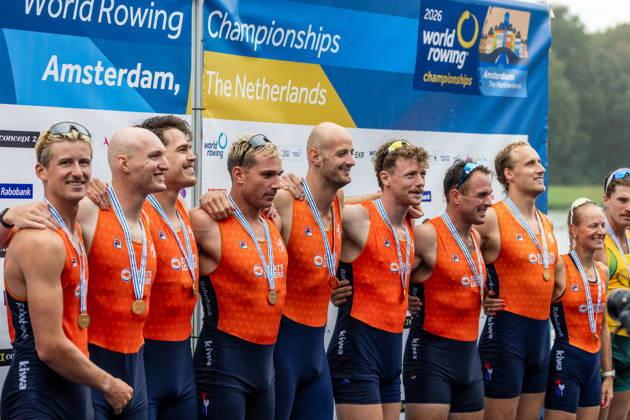 30 Aug 2026 World Rowing Championships AMSTERDAM, NETHERLANDS - AUGUST 30: Ralf Rienks, Finn Florijn, Wibout Rustenburg, Jorn Salverda, Pieter Van Veen, Jan Van Der Bij, Mick Makker and Jonna De Vries of the Netherlands and Sander de Graaf of The Netherlands during 30 Aug 2026 World Rowing Championships at Bosbaan on August 30, 2026 in Amsterdam, Netherlands. Amsterdam Bosbaan Netherlands Content not available for redistribution in The Netherlands directly or indirectly through any third parties. Copyright: xMarcelxvanxPlateringenx