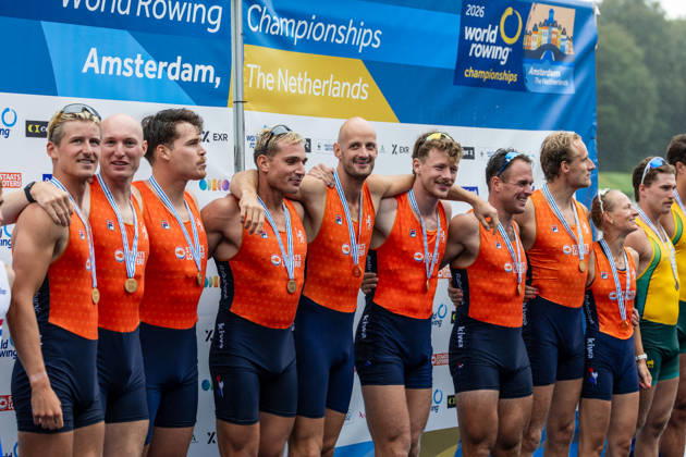 30 Aug 2026 World Rowing Championships AMSTERDAM, NETHERLANDS - AUGUST 30: Ralf Rienks, Finn Florijn, Wibout Rustenburg, Jorn Salverda, Pieter Van Veen, Jan Van Der Bij, Mick Makker and Jonna De Vries of the Netherlands and Sander de Graaf of The Netherlands during 30 Aug 2026 World Rowing Championships at Bosbaan on August 30, 2026 in Amsterdam, Netherlands. Amsterdam Bosbaan Netherlands Content not available for redistribution in The Netherlands directly or indirectly through any third parties. Copyright: xMarcelxvanxPlateringenx