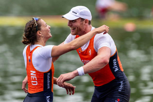 30 Aug 2026 World Rowing Championships AMSTERDAM, NETHERLANDS - AUGUST 30: Roos De Jong and Simon Van Dorp of the Netherlands during 30 Aug 2026 World Rowing Championships at Bosbaan on August 30, 2026 in Amsterdam, Netherlands. Amsterdam Bosbaan Netherlands Content not available for redistribution in The Netherlands directly or indirectly through any third parties. Copyright: xMarcelxvanxPlateringenx