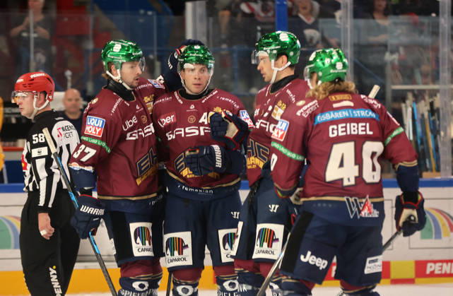 2nd from left: Yannick Veilleux celebrates with Markus Vikingstad after scoring the 1-0 goal, Korbinian Geibel Joy Emotion Celebration Sports Ice Hockey Penny DEL German Ice Hockey League Exhibition Game 2026–2027 Season August 30, 2026 EHC Eisbären Berlin (EBB) vs. Lausitzer Füchse