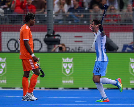 Mens Hockey World Cup Bronze Medal Match Matias Rey (C) of Argentina (Los Leones) celebrates after scoring the winning goal in a 2-1 victory over Netherlands during the Mens FIH Hockey World Cup Bronze Medal Match at Belfius Hockey Arena, Brussels 30 08 2026 UK Newspapers OUT Copyright: xGraemexWilcocksonx FIL-23865-0013