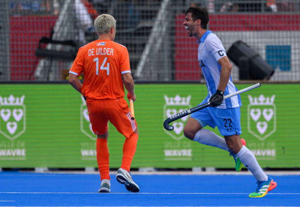 Mens Hockey World Cup Bronze Medal Match Matias Rey (C) of Argentina (Los Leones) celebrates after scoring the winning goal in a 2-1 victory over Netherlands during the Mens FIH Hockey World Cup Bronze Medal Match at Belfius Hockey Arena, Brussels 30 08 2026 UK Newspapers OUT Copyright: xGraemexWilcocksonx FIL-23865-0015