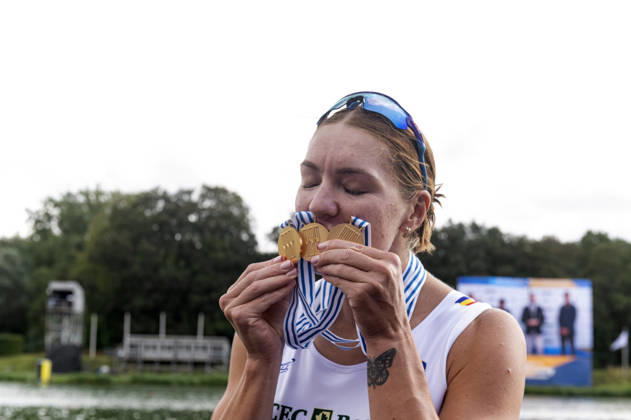 Amsterdam The Netherlands 30th August 2026 2026 World Rowing Championships on the Bosbaan in Amsterdam Adriana Adam (ROU) with her three gold medals, moments after receiving the gold in the womens eight having to rush off to go and win the gold in the mixed eight.