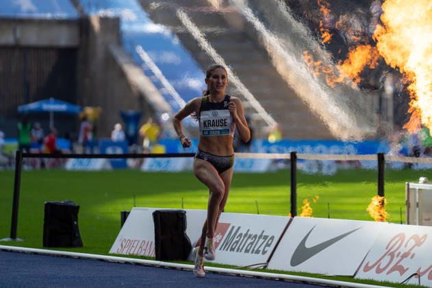 German Track and Field, Track and Field Meet, ISTAF 2026 Sports Festival on August 30, 2026, at the Berlin Olympic Stadium—Finish Line of the 2,000-Meter Steeplechase, Gesa Krause Copyright: xSvenxHeidmannx
