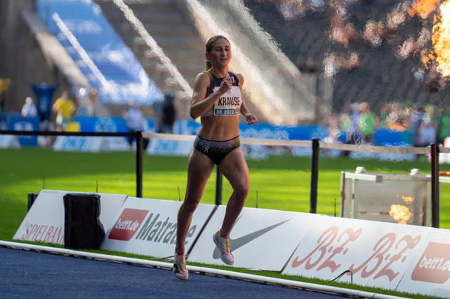 German Track and Field, Track and Field Meet, ISTAF 2026 Sports Festival on August 30, 2026, at the Berlin Olympic Stadium—Finish Line of the 2,000-Meter Steeplechase, Gesa Krause Copyright: xSvenxHeidmannx