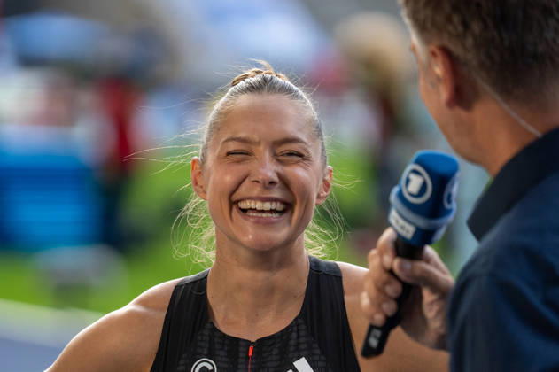 German Track and Field, Track and Field Meet, ISTAF 2026 Sports Festival on August 30, 2026, at the Olympic Stadium in Berlin; Women s 100-meter Finish; Gina Lückenkemper (Germany); Interview after the race Copyright: xSvenxHeidmannx