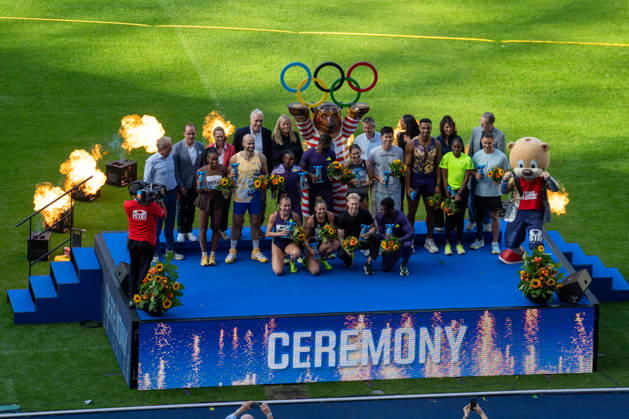 German Track and Field, Track and Field Meet, ISTAF 2026 Sports Festival on August 30, 2026, at the Olympic Stadium in Berlin; closing awards ceremony featuring Leo Neugebauer, Gesa Krause, Gina Lückenkemper, and Julian Weber Copyright: xSvenxHeidmannx