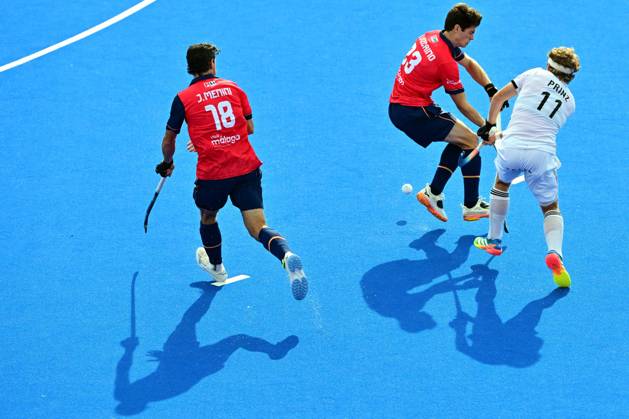 RECORD DATE NOT STATED Spain s Joaquin Menini; Spain s Marc Vizcaino and German Thies Prinz are pictured in action during a Field hockey, Feldhockey game between Spain and Germany, the men s final at the 2026 Hockey World Cup, on Sunday 30 August 2026, in Wavre. The 2026 edition of the Hockey World Cup takes place in Belgium and The Netherlands from August 15 to August 30. DIRKxWAEM  x184753935x