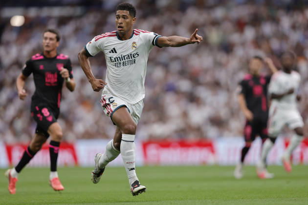 Jude Bellingham of Real Madrid CF gestures during the LaLiga EA Sports match between Real Madrid CF and Málaga CF at Estadio Santiago Bernabéu on August 30, 2026, in Madrid, Spain. Photo by Manu Reino, DeFodi Images