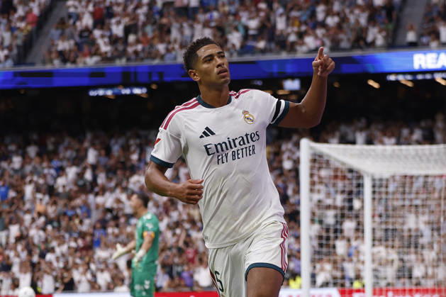 Jude Bellingham of Real Madrid CF celebrates after scoring his team s first goal during the LaLiga EA Sports match between Real Madrid CF and Málaga CF at Estadio Santiago Bernabéu on August 30, 2026, in Madrid, Spain. Photo by Manu Reino, DeFodi Images