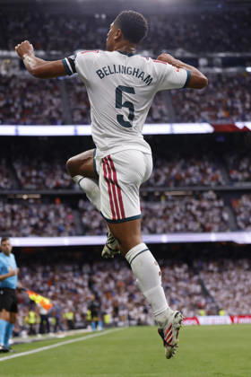 Jude Bellingham of Real Madrid CF celebrates after scoring his team s first goal during the LaLiga EA Sports match between Real Madrid CF and Málaga CF at Estadio Santiago Bernabéu on August 30, 2026, in Madrid, Spain. Photo by Manu Reino, DeFodi Images