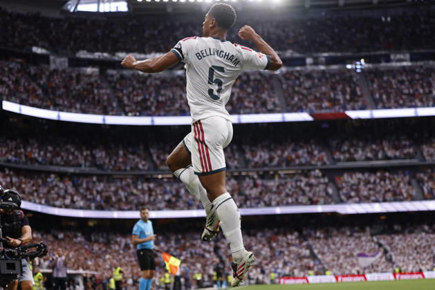 Jude Bellingham of Real Madrid CF celebrates after scoring his team s first goal during the LaLiga EA Sports match between Real Madrid CF and Málaga CF at Estadio Santiago Bernabéu on August 30, 2026, in Madrid, Spain. Photo by Manu Reino, DeFodi Images