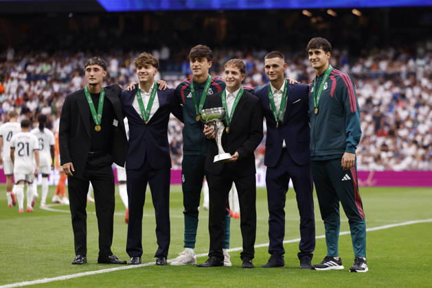 Real Madrid s Under-19 players during the LaLiga EA Sports match between Real Madrid CF and Málaga CF at Estadio Santiago Bernabéu on August 30, 2026, in Madrid, Spain. Photo by Manu Reino, DeFodi Images