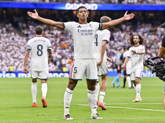 August 30, 2026, Madrid, Madrid, Spain: 5 JUDE BELLINGHAM of Real Madrid CF celebrates a goal (1-0) during the match on Matchday 3 of the 2026-27 National League First Division Championship between REAL MADRID C.F. and MALAGA CF, played at the Bernabeu Stadium on August 30, 2026, in Madrid, Spain. Madrid Spain - ZUMAc312 20260830_zsp_c312_007 Copyright: xOscarxManuelxSanchezx