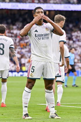 August 30, 2026, Madrid, Madrid, Spain: 5 JUDE BELLINGHAM of Real Madrid CF celebrates a goal (1-0) during the match on Matchday 3 of the 2026-27 National League First Division Championship between REAL MADRID C.F. and MALAGA CF, played at the Bernabeu Stadium on August 30, 2026, in Madrid, Spain. Madrid Spain - ZUMAc312 20260830_zsp_c312_009 Copyright: xOscarxManuelxSanchezx