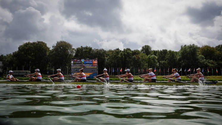RECORD DATE NOT STATED 30th August 2026; Bosbaan, Amsterdam, Holland, Netherlands; 2026 World Rowing Championships, Final Day; Final A; Germany Womens Eight (W8+) with Nora Peuser, Paula Hartmann, Olivia Clotten, Antonia Galland, Pia Greiten, Annabelle Bachmann, Luise Bachmann and Tabea Schendekehl, coxed by Florian Koch warm up AnthonyxBenoit